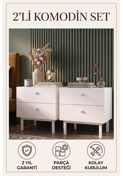 Robin Home 2'li Komodin Set 2 Çekmeceli Ahşap Ayaklı Beyaz