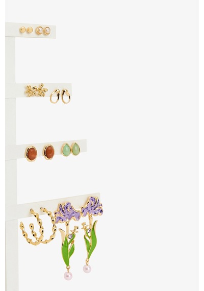 Penti Altın Rengi Mix Flower Küpe Seti Açık Gri