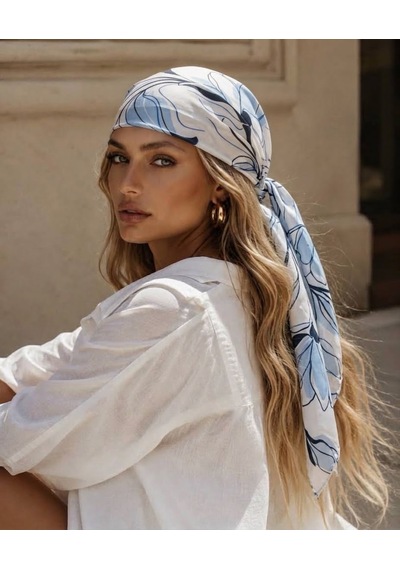 Trend Dokunuş Kadın 70-70 Saten Zambak Desenli Fular Bandana Mavi - Beyaz