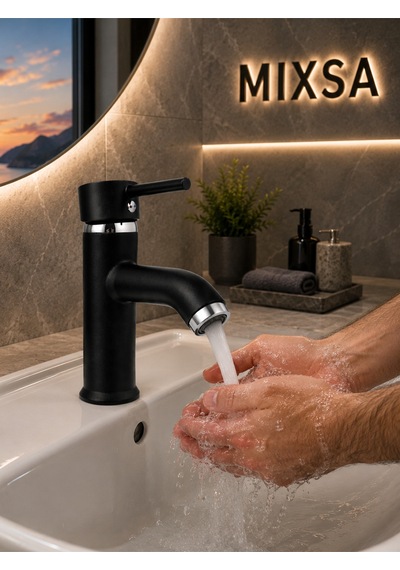 Siyah Lüx Premium Pirinç Sabit Lavabo Bataryası Özel Tasarım Çift Su Girişli Lavabo Bataryası Çeşmesi Musluğu