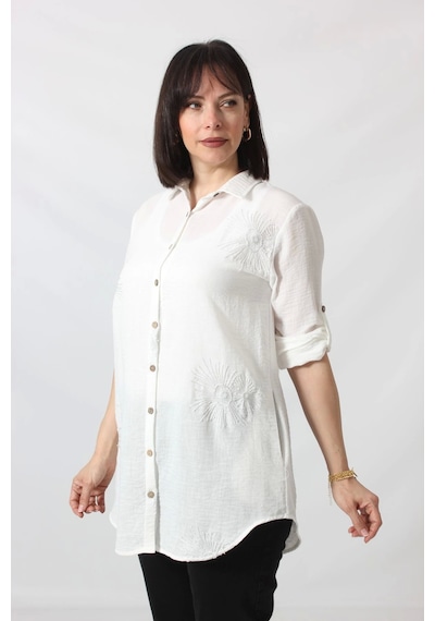Moda Berray Bb-092 Beyaz Gümüş Yaldızlı Güneş Desenli Kolu Apoletli Yandan Cepli Tunik Gömlek Kadın Büyük Beden Beyaz