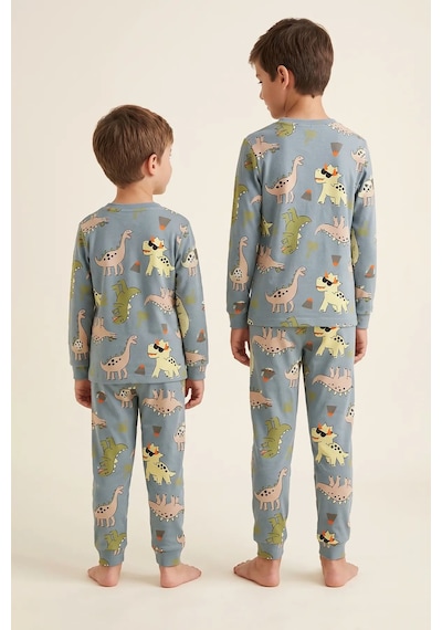 Zuzunga Dinozor Desenli Erkek Çocuk Pijama Takımı Gri