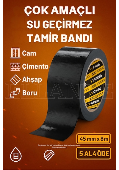 Çok Amaçlı Su Geçirmez Sızdırmaz Dayanıklı Izolasyon Siyah Tamir Bandı 45 Mm 8 Mt 1 Adet Güçlü