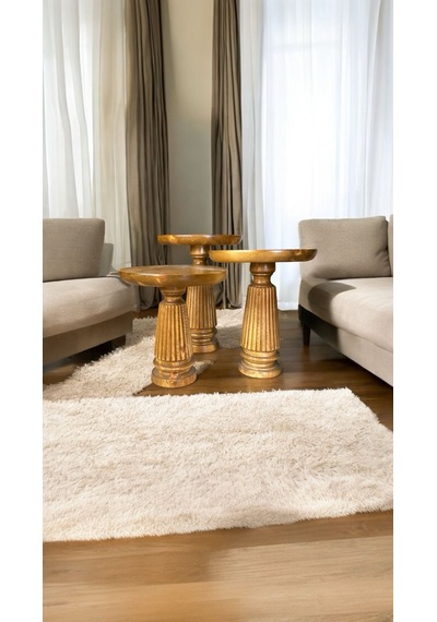 Wood Ahşap 3 Lü Set Mantar Yan Sehpa Model / Meşe Renk