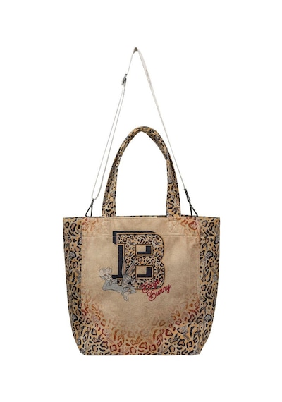 Dogo Kadın Vegan Krem Leopar Large Tote Bag - Warner Bros Looney Tunes Leopard Bugs Bunny Tasarım Multicolor