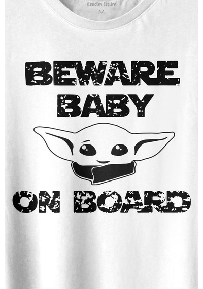 Baby Yoda Star Wars Mandalorian Beware Baby On Board Baskılı Tişört Unisex T-shirt 001