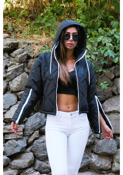 Keyifli Moda Kadın Siyah Kapüşonlu Kolları Fermuarlı Kısa Şişme Mont - S-m Siyah