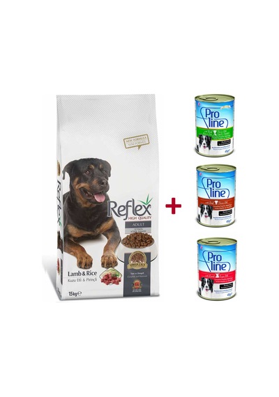 Reflex Kuzu Etli Yetişkin Köpek Maması 15 KG + Proline Dana Etli Ciğerli + Dana Etli + Kuzu Etli Yetişkin Konserve 3 x 415 G