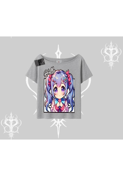 Tarzsokak Kayık Yaka Tshirt Hello Anime Kız Sevimli Karakter Baskılı Gri