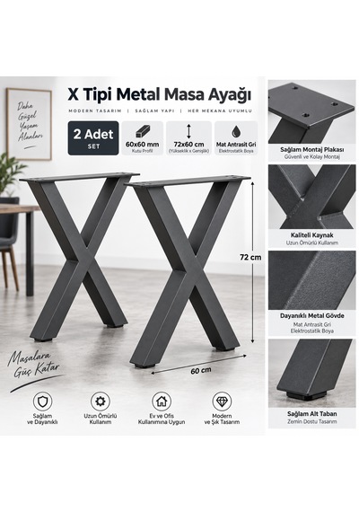 Evkolleksiyon X Tipi Metal Masa Ayağı 2 Li Takım 72x60 Cm 60x60 Profil Antrasit