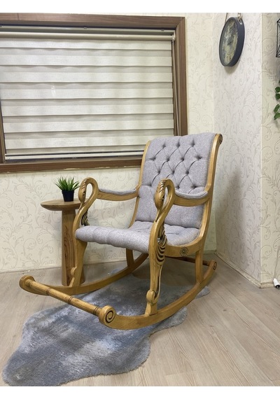 Asedia Vintage Kuğu Naturel Taş Rengi El Oyması Ahşap Sallanan Sandalye Dinlenme Koltuğu
