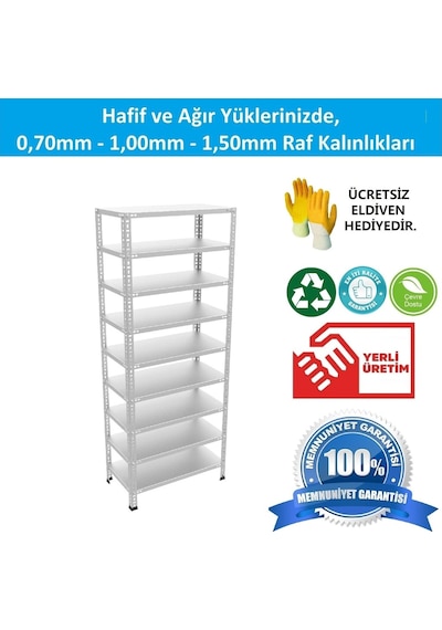 Raf Burada  9 Katlı Galvaniz Çelik Raf - Depo, Arşiv, Kiler, Dosya, Market Rafı-31x60x200 cm- 1.00 mm