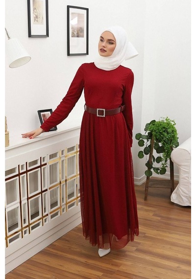 Neşeli Butik Bordo Tesettür Elbise