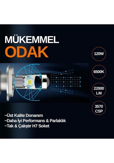 Joyecar 12v H7 Csp Led Xenon Far Ampul Seti 120w 6500k 22000 Lümen Mercekli