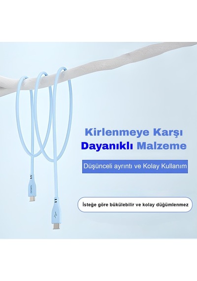 Omars OMCB011B 60W 3A Type-c To Type-c Silikon PD Hızlı Şarj Ve Data Kablosu Mavi 1 M