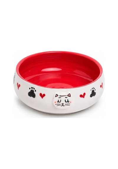 Lüks Seramik Mama Kabı Pati Kedi Köpek Kalp Desen Kabartmalı Doğal Renkli Kedi Ve Köpek Yemek Su Kasesi, Devrilmez Premium Dekoratif Porselen Yapı 1 Adet Tekli Kırmızı