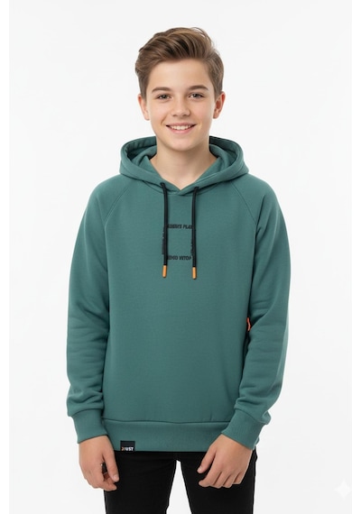Kapüşonlu Fermuarlı Cepli Erkek Çocuk Sweatshirt-90919 Yeşil