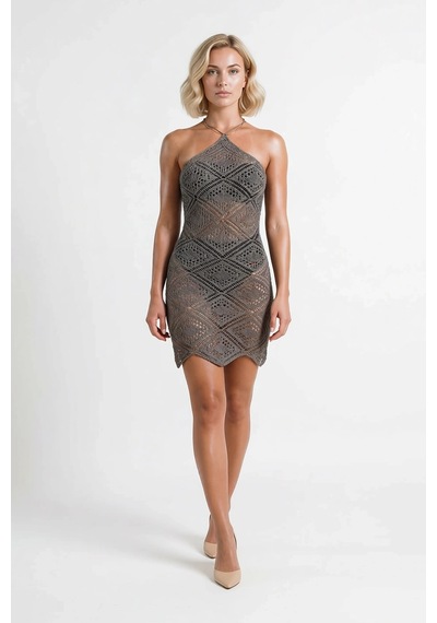 Benerly Kadın Kolsuz Halter Yaka Ajurlu Örme Mini Plaj Elbisesi Bodycon K Haki