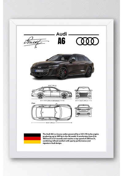Audi A6 Tablo - Teknik Özellikli Alman Lüks Sedan Poster - Çerçeveli Duvar Dekoru - Araba Blueprint Beyaz