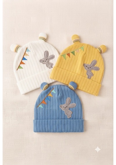 Organik Pamuklu, Yumuşak Dokulu, Ribanalı Tavşan Model 3 Lü Set Unisex Bebek Şapkası Beyaz-sarı-mavi