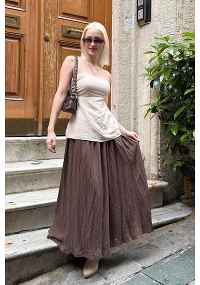 Madmext Kahverengi Vual Kumaş Basic Kadın Uzun Boy Kadın Etek Mg2366 Kahverengi