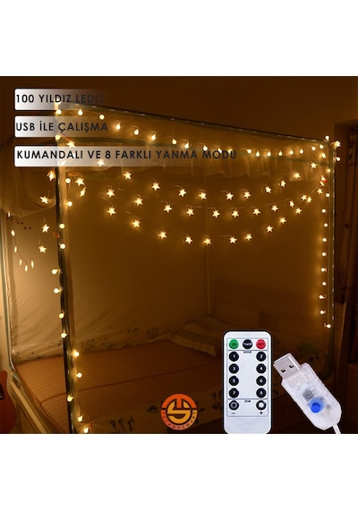 Technosmart 100 Yıldız Ledli 10mt. Kumandalı Usbli 8 Modlu Dekoratif Şerit Led Işık Yılbaşı Süsleme