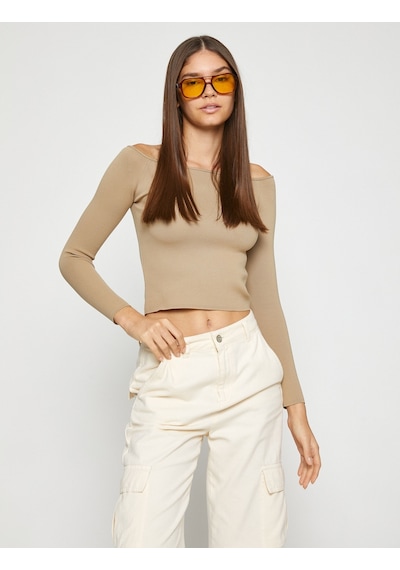 Koton Crop Triko Kazak Kayık Yaka Uzun Kollu Bej 3sal90009ht 3SAL90009HT057 Ekru