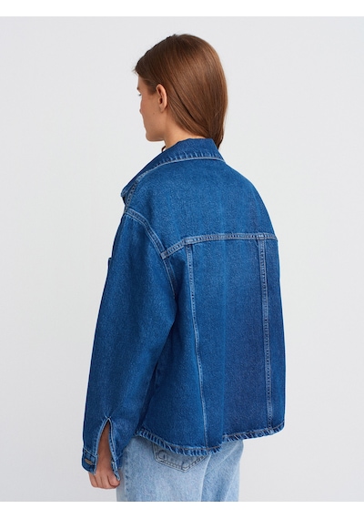 Dilvin 50749 Ön Bölümü Dikişli Oversize Denim Gömlek-mavi Mavi