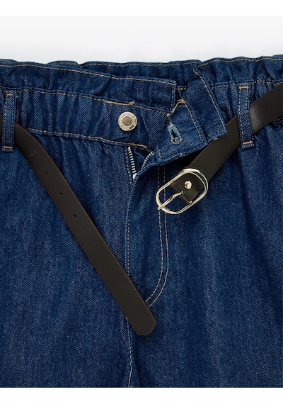 Koton Yüksek Bel Cepli Pamuklu Kemerli Denim Şort Koyu İndigo 6sal40038md