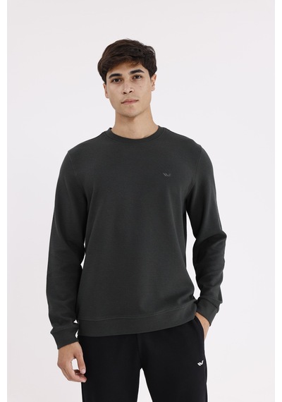 Rowinger Yatay Dokulu Ottoman Yüzey Tonal Logo Detaylı Bisiklet Yaka Standart Kalıp Sweatshirt Haki