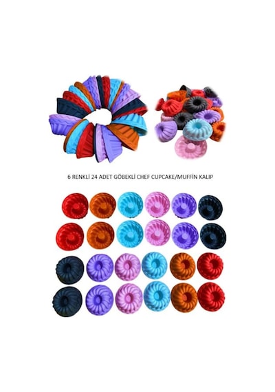 24'lü Yıkanabilir Yanmaz Mini Chef Göbekli Muffin Pişirme Kalıbı, Silikon Kek, Cupcake, Hamur7x3,5cm Diğer