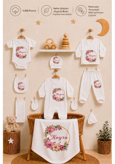 Pia Baby Kız Bebek Hastane Çıkışı Seti 10 Parça %100 Pamuk Kişiye Özel İsim Baskılı 1072103x Ekru