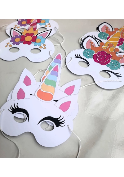 6 Adet Unicorn Tek Boynuzlu At Konsept Kağıt Parti Maskesi Unicorn Doğum Günü Süsü