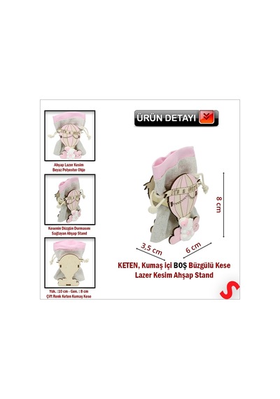 Ahşap Standlı 10cm X 8cm Kese, Pembe Uçan Balon - 1 Adet Renkli Çok Renkli