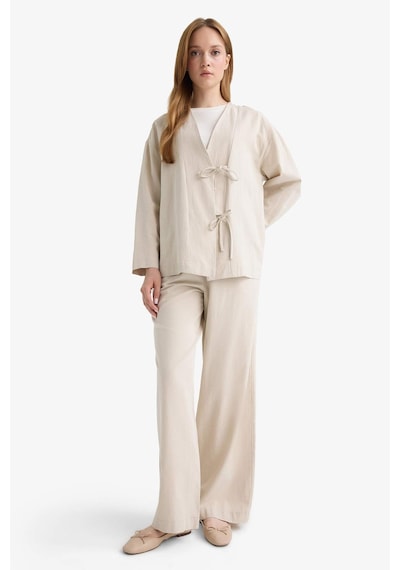 Defacto Regular Fit V Yaka Keten Karışımlı Kimono F7958ax25aubg702 Bej