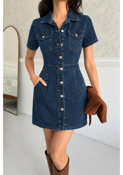 Kene Jeans Ön Arka Pensli Düğme Kapamalı Koyu Mavi Elbise Mavi