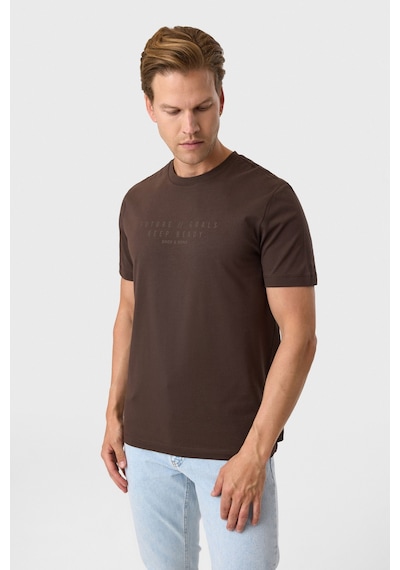 Back And Bond Relaxed Fit Baskılı Kahve Bisiklet Yaka Tişört