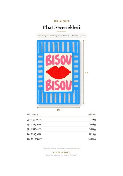 Bisou Bisou Kırmızı Dudaklar Metal Tablo 44x65 Cm Çok Renkli