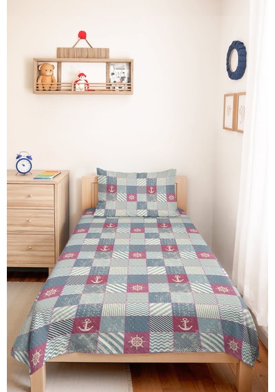 Marine Mavi Genç Odası Tek Kişilik Pike Takımı - Patchwork Pudra 160x220 Cm Kapitone Yatak Örtüsü Ayazlı Kahve Harmonu