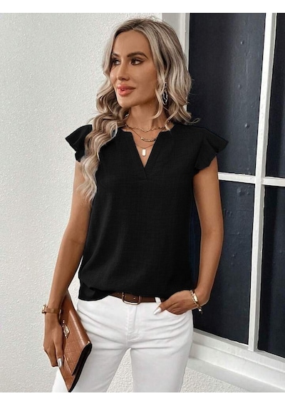 Etiler Collection Kadın Kısa Kelebek Kollu V Yakalı Bluz Siyah