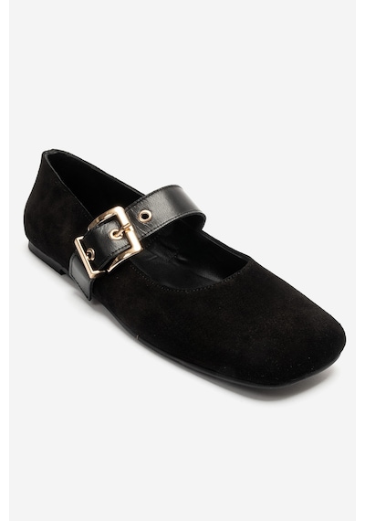 Luvi Shoes Jonas Siyah Süet Hakiki Deri Kemerli Kadın Babet Ayakkabı