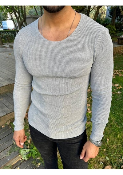 Elku Moda Kazak Örme Tüylenmez Naturel Pamuk Kazak Slim Fit Triko Dar Kesim Body Kazak Gri