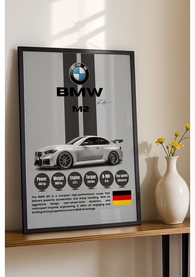 Bmw M2 Premium Spor Araba Çerçeveli Tablo - Teknik Özellikli Otomobil Sever Duvar Dekoru Siyah