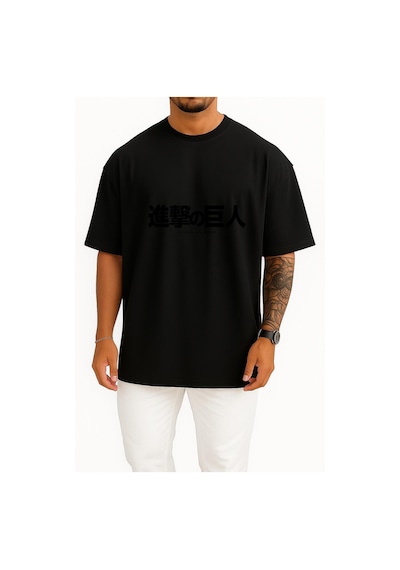 Bahriyeli Collection Oversize Attack On Titan Göğüs Tasarımlı Unisex T-shirt Siyah