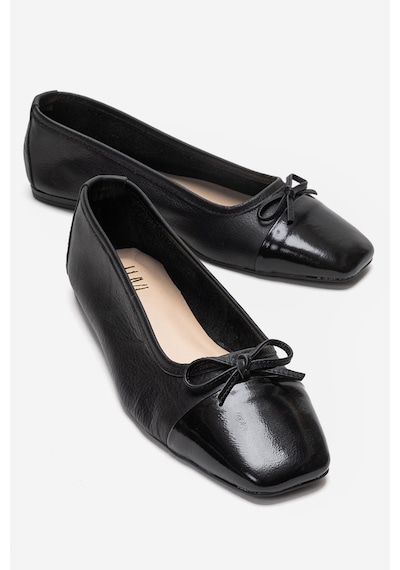 Luvi Shoes Romy Siyah-siyah Rugan Hakiki Deri Küt Burunlu Fiyonklu Kadın Babet Ayakkabı