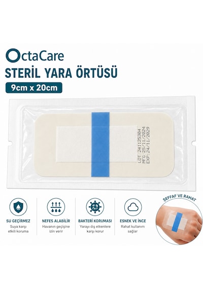 Octacare Su Geçirmez Pedli Şeffaf Pu Film Steril Yara Örtüsü 9cm 20cm 50 Adet