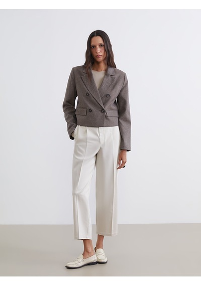 Lcw Vision Kahverengi Kazayağı Desenli Crop Kadın Blazer Ceket
