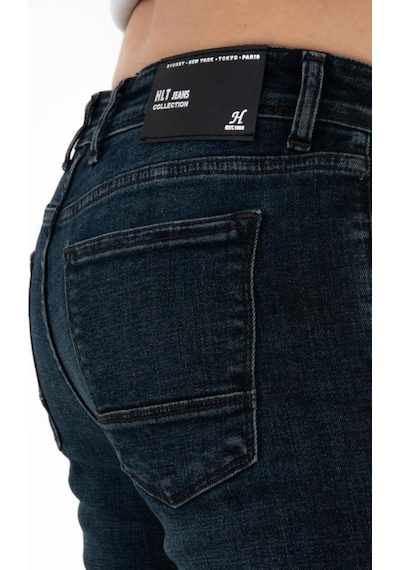 HLT Jeans Erkek Koyu Lacivert Slim Fit Likralı Jean Kot Pantolon İçi Hardal Hlthe001931
