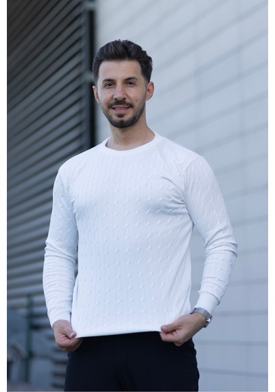 Hk Premium Triko Kazak Fitilli Slim Fit Bisiklet Yaka Likralı Kışlık Sweatshirt Beyaz