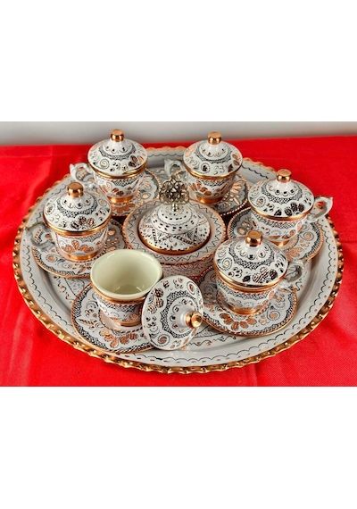 6lı Bakır Yuvarlak Fincan Takımı Ve Lokumluk,yuvarlak Tepsi